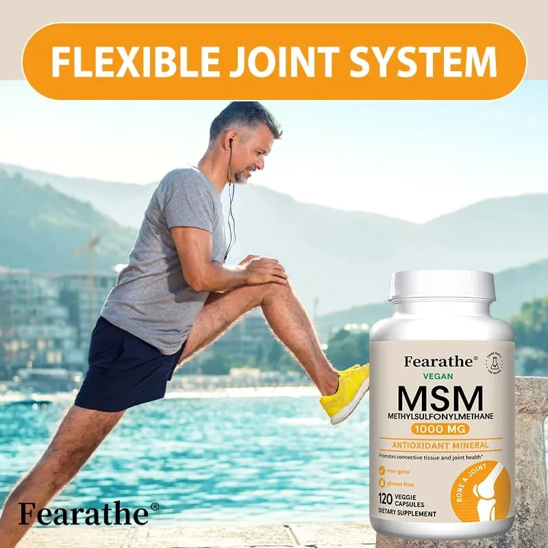 Fearathe Methylsulfonylmethane (MSM) สารต้านอนุมูลอิสระ 1,000 มก. ส่งเสริมสุขภาพข้อต่อ การดูดซึมแคลเซียมที่สมดุล ไม่ใช่จีเอ็มโอ ปราศจากกลูเตน — image 5