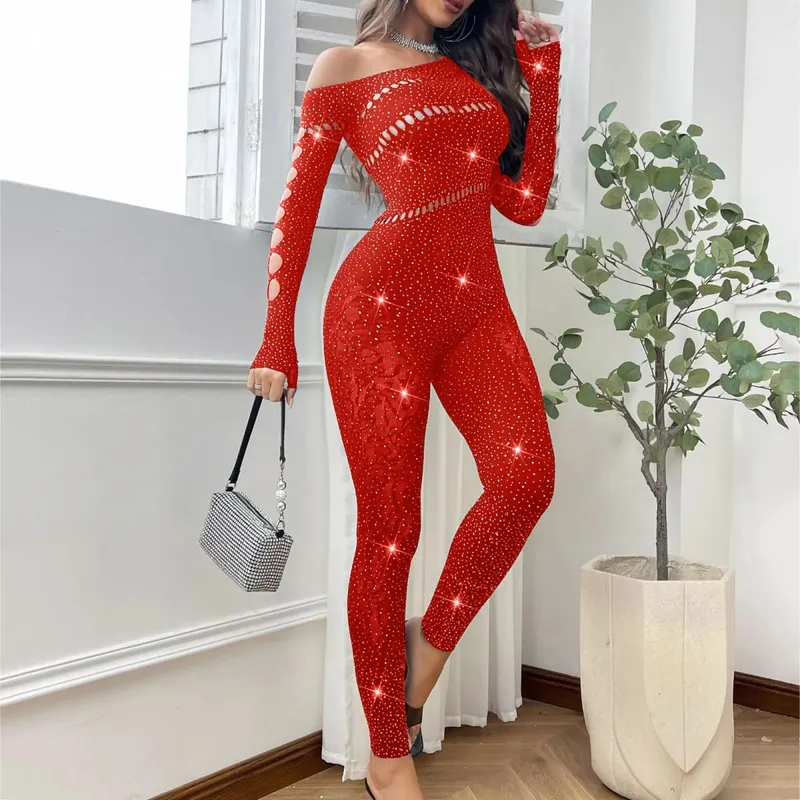 Kvinder Sexet Mesh Rhinestone Jumpsuit Langærmet Se Through High Stretch Body Strømper Jumpsuit Club Plus Size Stock Lingeri