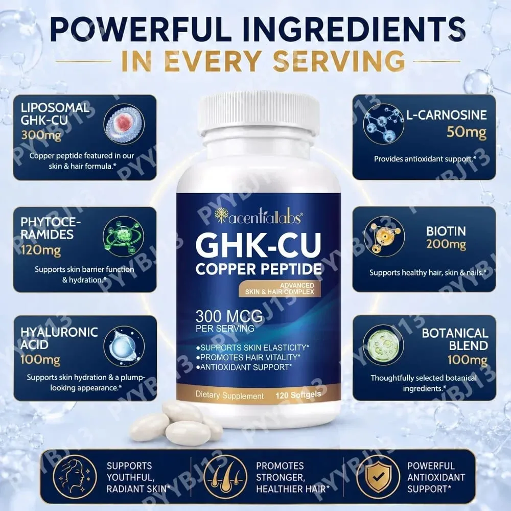 Natural Vegan Skin Hair Complex Supplements Liposomal GHK-Cu Copper Peptide Softgels Capsules 120pills with Biotin for Adults — image 6