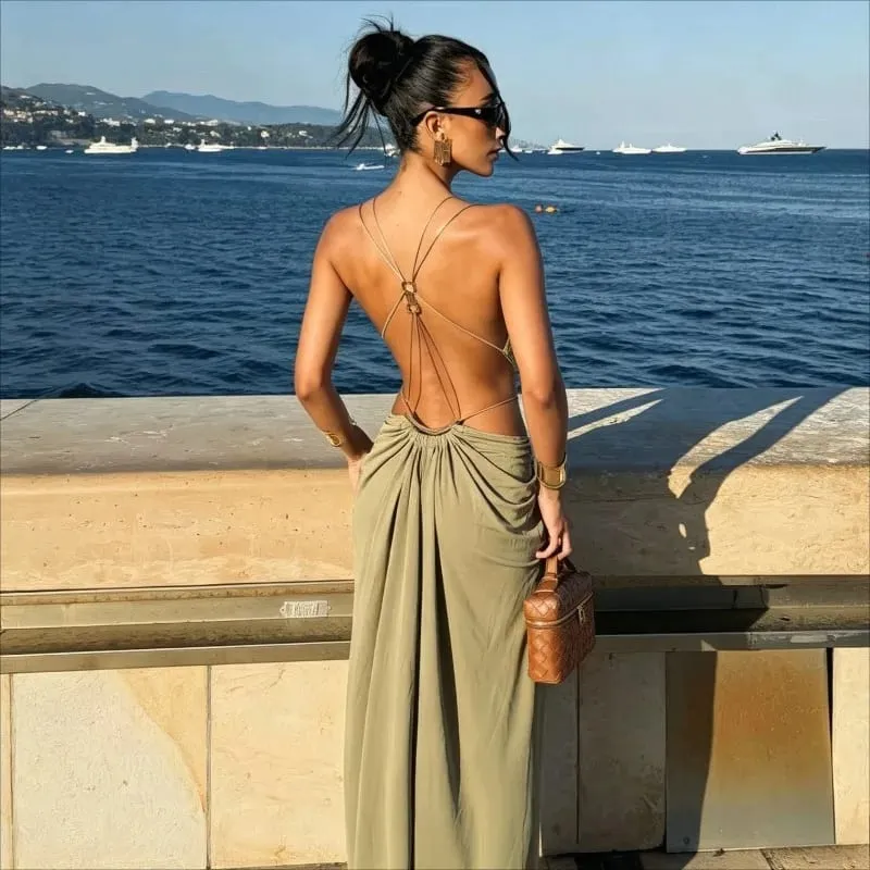 Sexy Deep V Metal Trim Spaghetti Strap Ruched Maxi Dress Cutout Crisscross Backless Slim Luxury Dresses Beach Vacation Evening — image 2