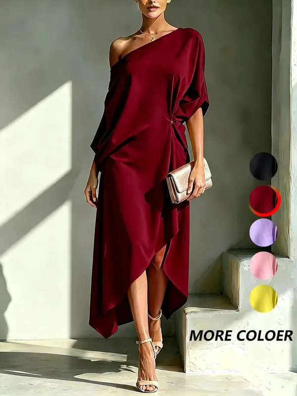 Elegant Off Shoulder Half Sleeve Dress Women Summer Batwing Sleeves Irregular Button Design Vintage Casual Holiday Beach Dresses — image 8