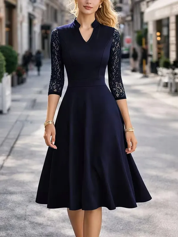 Women Sexy V-Neck Lace 2/3 Sleeve Summer Work Office Knee Length Base Show Thin Temperament Fit And Flare Swing A-Line Dress — image 3