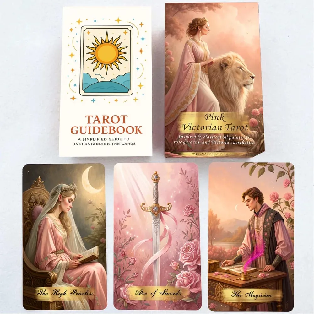 Pink Victorian Tarot Cards Set 78 Pieces 13x8 Cm Romantic at Elegant na Disenyong May Kasamang Mga Tagubilin sa Papel Perpekto para sa Baguhan