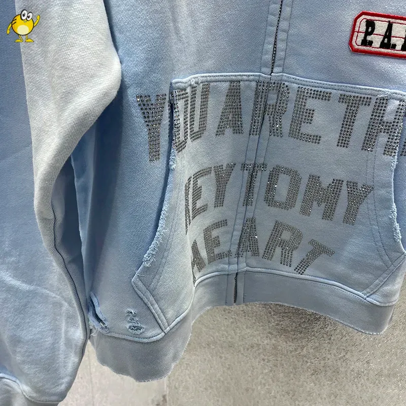 Washed Blue PALY Hoodies Men Woman Vintage Damaged Hole Old Casual High Quality Hip Hop Fashion Zipper Sweatshirts — image 7