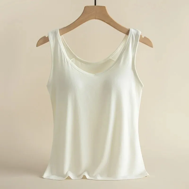 1pcs Women's Vest Tops Round Neck Vests Solid Color Padded Slim Fit Tank Tops Sexy Feminino Casual Tank Tops With Built In Bras — image 1