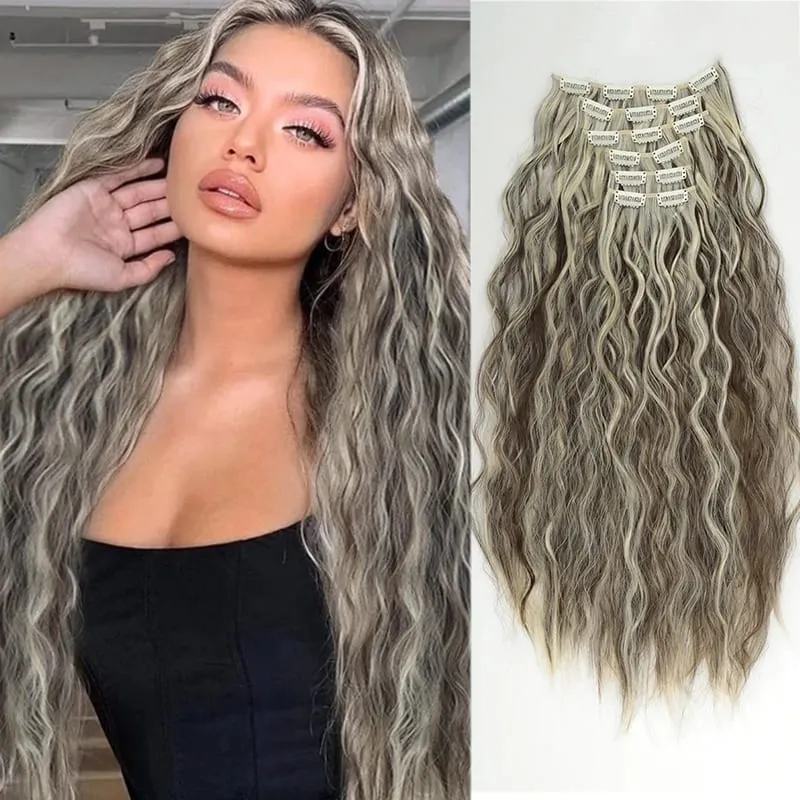 6PCS Clip In Hair Extensions 24" Black Brown Hair Extension Long Mermaid Waves Synthetic Clip On Hairpiece For Women — image 12