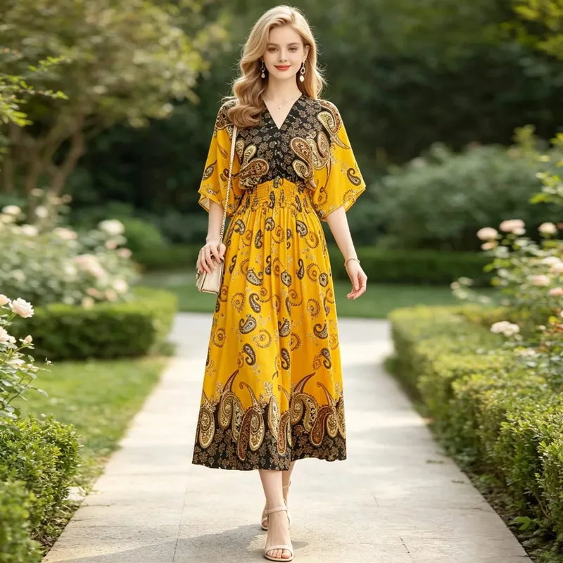 Boho Holiday Women V-Neck Batswing Short Sleeve A-Line Midi Dresses Slim Elastic Waist Casual Vintage Office Lady Elegance Dress — image 15