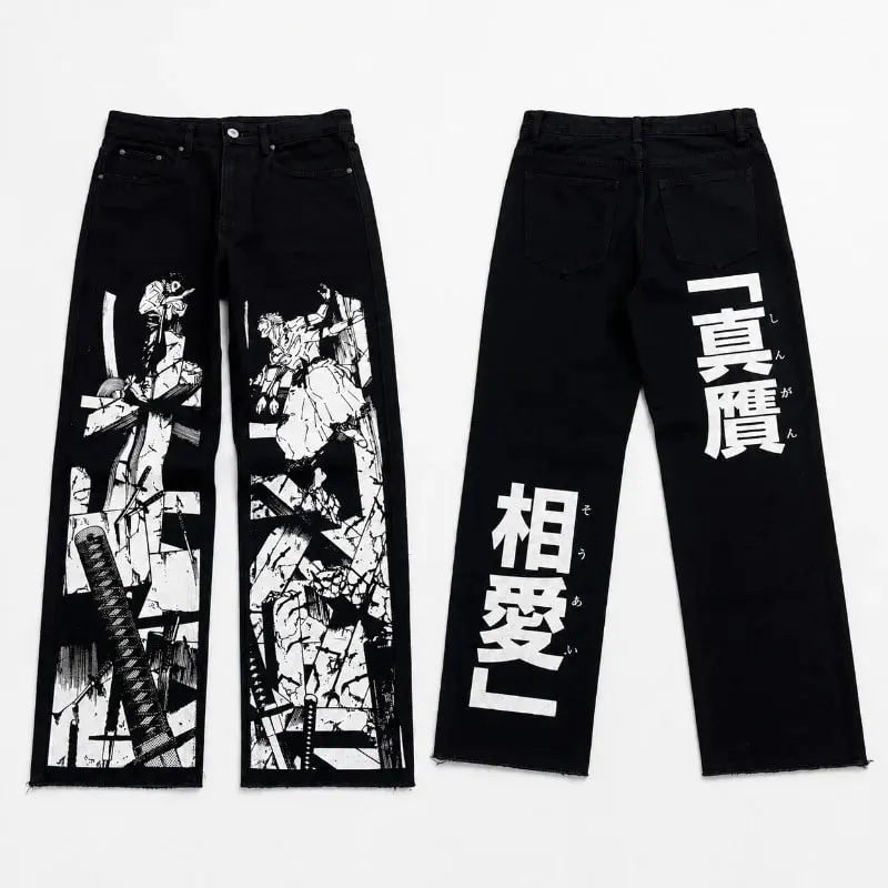Anime Print Baggy Jeans Men Harajuku Hip Hop Black Denim Pants Streetwear Y2K Manga Graphic Wide Leg Trousers Gothic Clothes