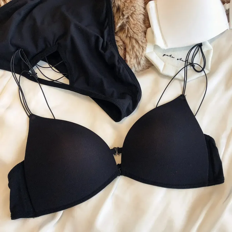 French Front Buckle Women Underwear Sexy Hollow Push Up Bra Set Summer Thin Cup Backless Bralette Fine Shoulder Strap Lingerie