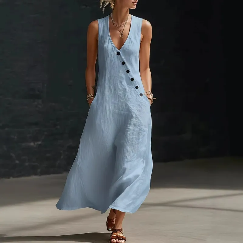 2026 Casual Sleeveless Loose Maxi Dress Women Summer Fashion Solid Color V-neck Holliday Elegant Long Dresses — image 3