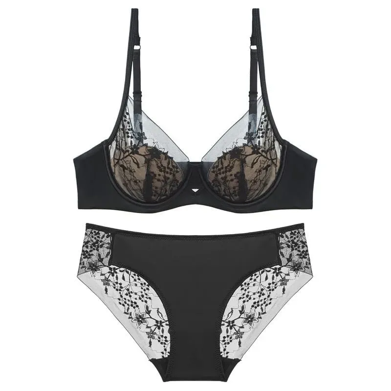 Thin Cup Lightly Lined Mesh Floral Lace Push-up Bra and Panties Set Beautiful Underwear for Woman Brassiere Sexy Lingerie