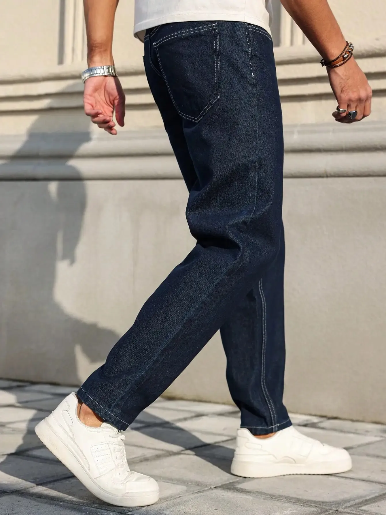 Men Raw Dark Blue Denim Jeans Contrast Stitching Loose Tapered Pants Vintage Non‑wash Straight Taper Trousers Streetwear — image 4