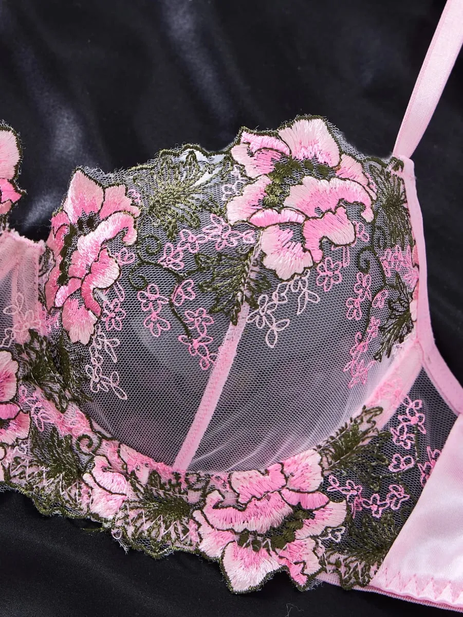 Elegant Pink Floral Embroidered Lace Lingerie Set Women Push Up Bra Thong Mesh Satin Romantic Intimate Underwear ZA825146 — image 4