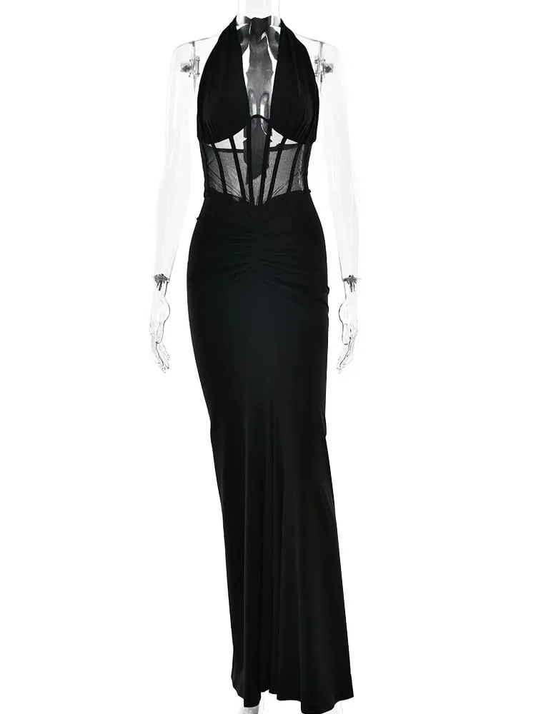 MO Patchwork Sexy Deep V-neck Halter Women Maxi Dress Backless See Through Dress Summer Slim Elegant Party Evening Dress — image 6