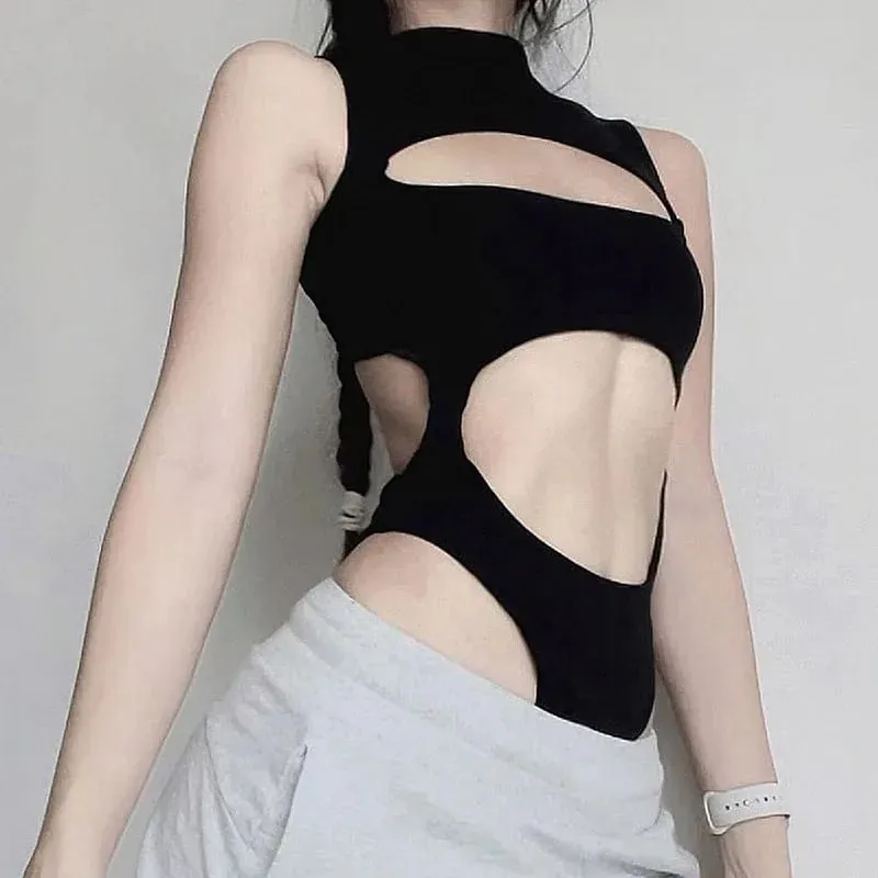 Gothic Techwear Sexy Hollow Out Sleeveless Tank Tops Bodysuit for Women Streetwear Style Backless Playsuit Vest for Women