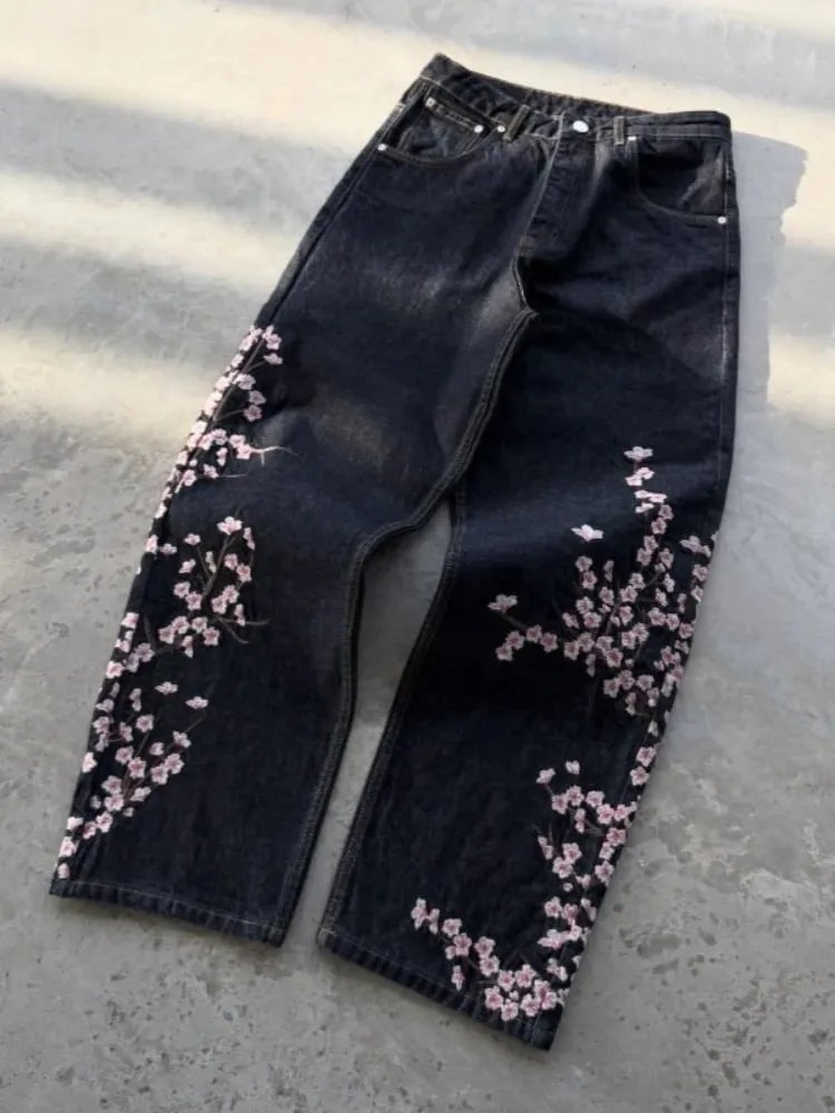 Unisex Jeans Harajuku European American Streetwear Embroidered Denim Pants Vintage Floral Loose Fit Straight Wide Leg Casual New — image 7