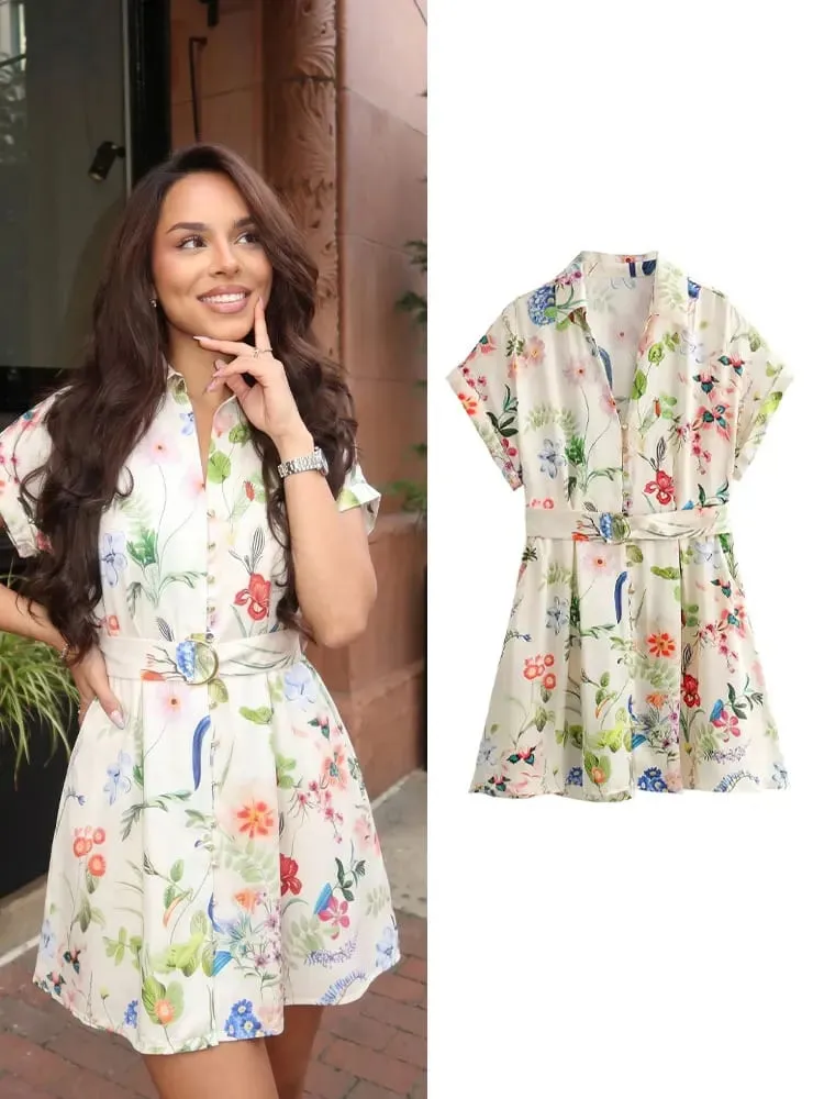 HH Casual Floral Print Shirt Dress Turn Down Collar Belt Single Button Short Dress Summer Lady Beach Party Vacation Mini Dresses — image 1