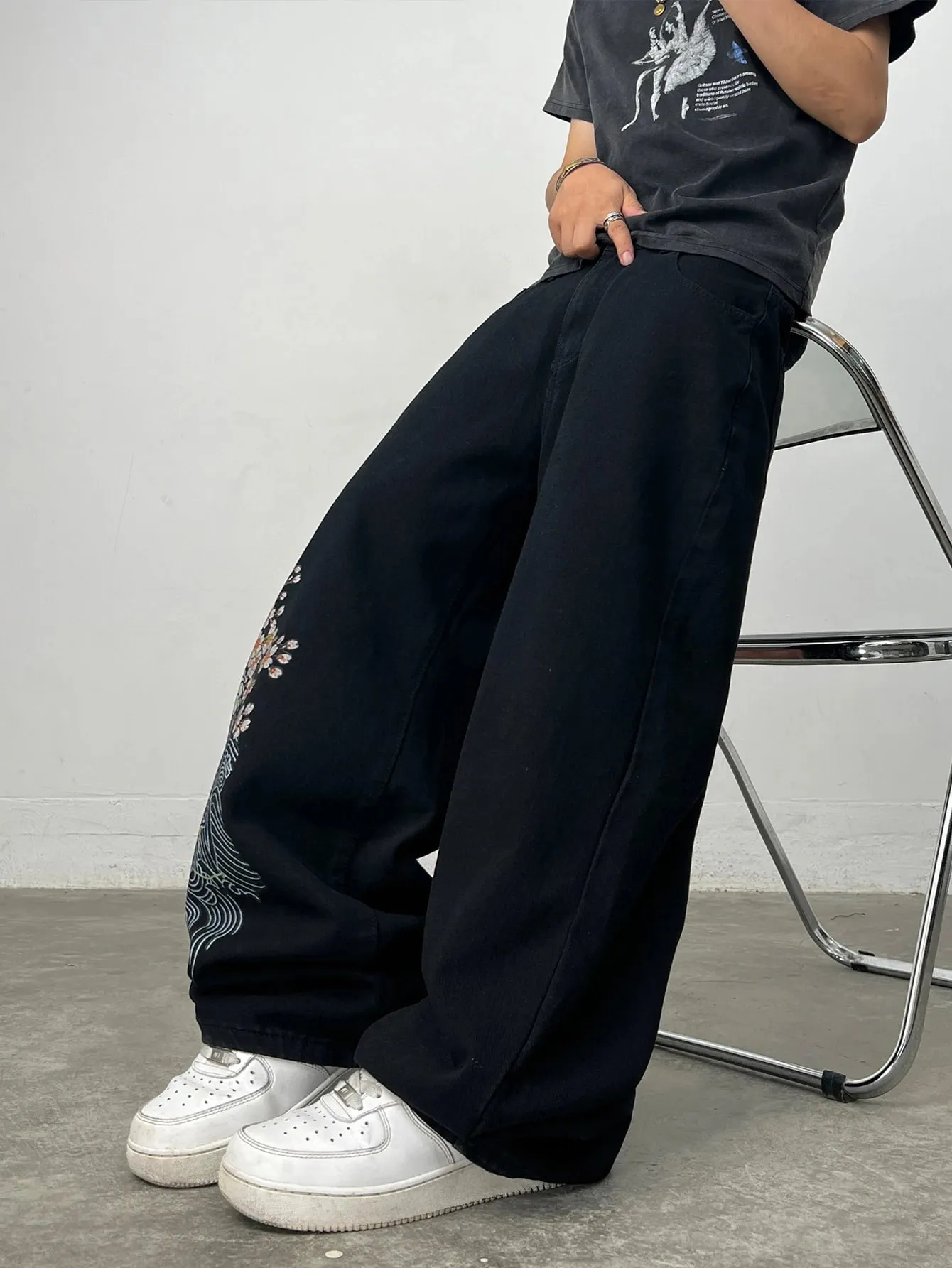 Men's Black Baggy Wide-Leg Jeans with Tiger Cherry Blossom and Wave Print Y2K Streetwear Hip-Hop Fashion Casual Versatile Pants