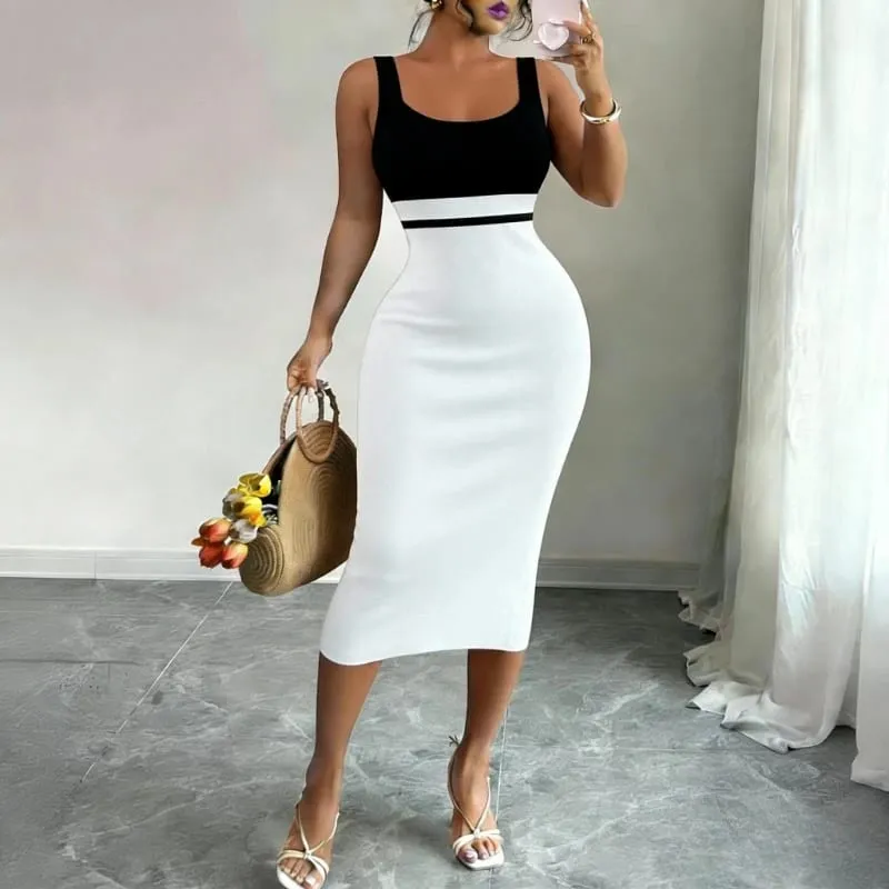 Women's White Black Patchwork Block Square Neck Sleeveless Stretchy Knit Bodycon Midi Dress Elegant Summer Daily Party Dress — image 4