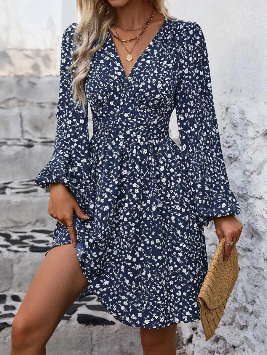 Dresses 2025 Woman Clothing V Neck Lantern Sleeve Wrap Mini Dress Ruched Waist Flowy Hem Elegant for Autumn and Party Styles