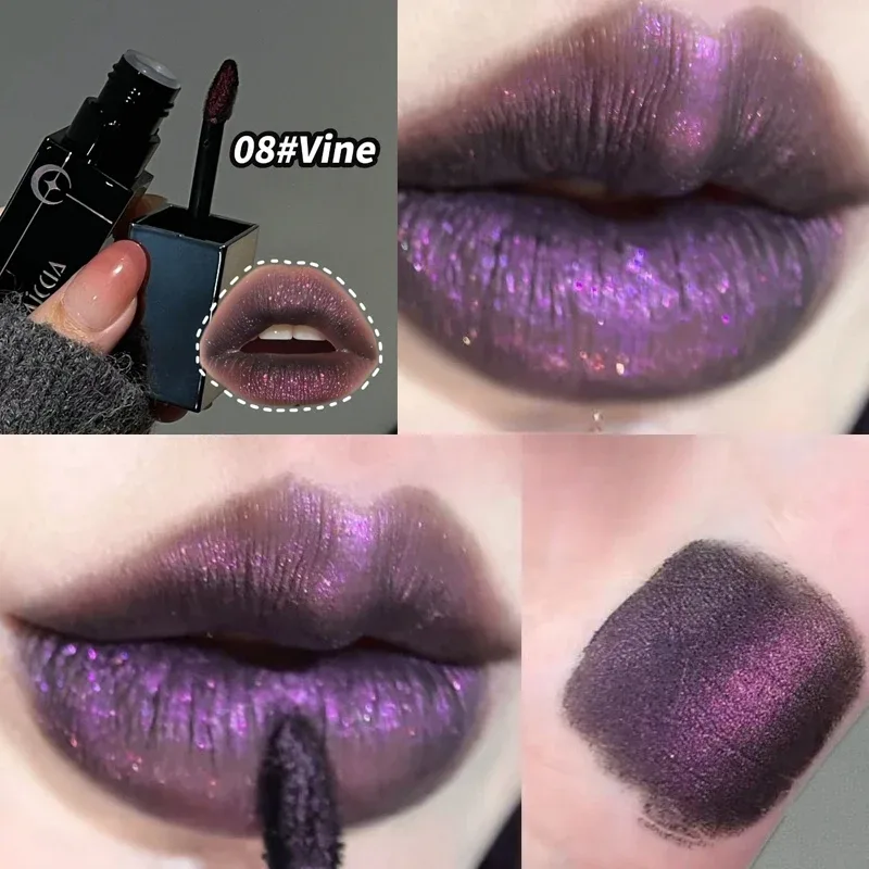 Shimmer Matte Black Red Lipstick Punk Gothic Lipgloss Halloween Makeup Mousse Lip Mud Lipstick Waterproof Non-stick Cup Lip Tint