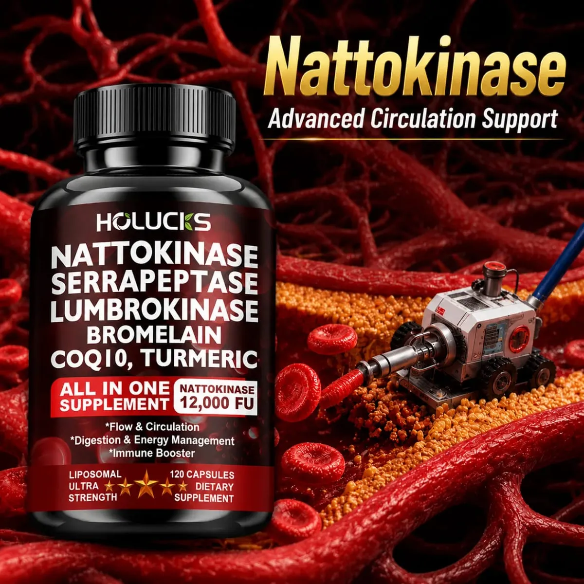 13-in-1 Nattokinase Supplement with Serrapeptase Support Circulation Blood Flow Heart & Cardiovascular Health Digestive Aid
