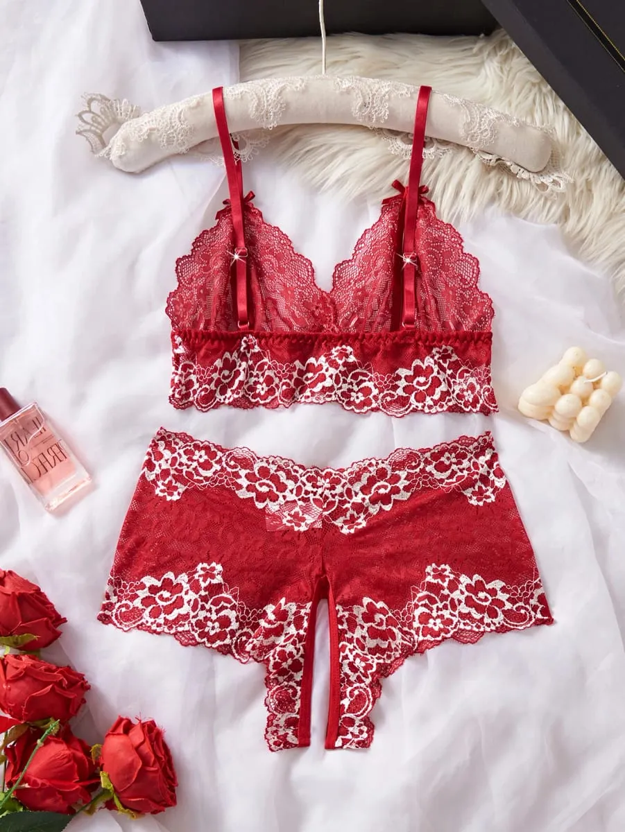 Summer Sexy Hot Women's Lingerie 2pce Open-crotch Pants And Open-tip Bra Vest Adult Underwear Transparent Flower Lace Bras Set — image 3
