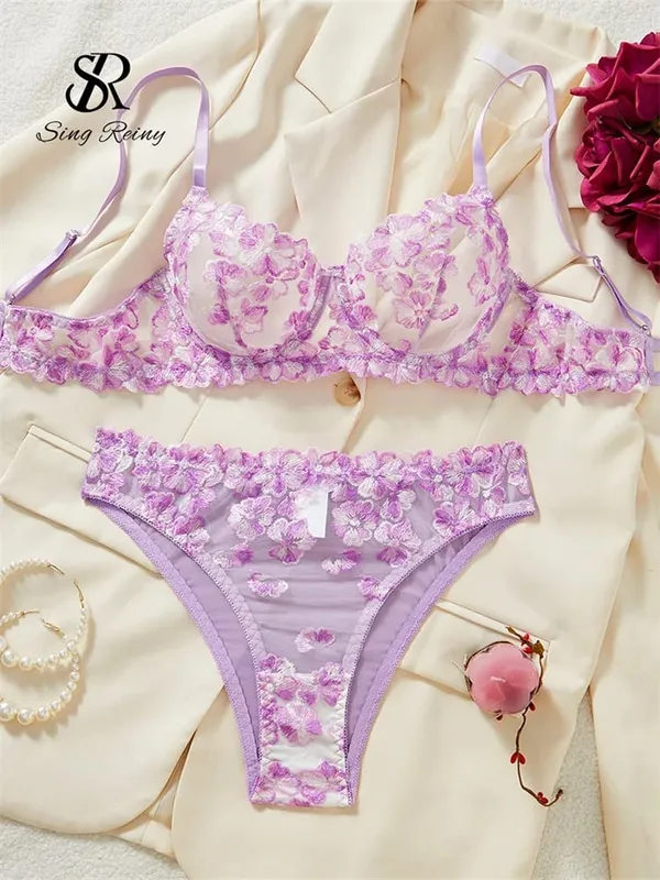 Διχτυωτό Sheer Εσώρουχα Δύο Κοστούμια Γαλλικά Floral Seusual Σετ Εσωρούχων Γυναικεία Κέντημα Σέξι Σετ σουτιέν και σλιπ