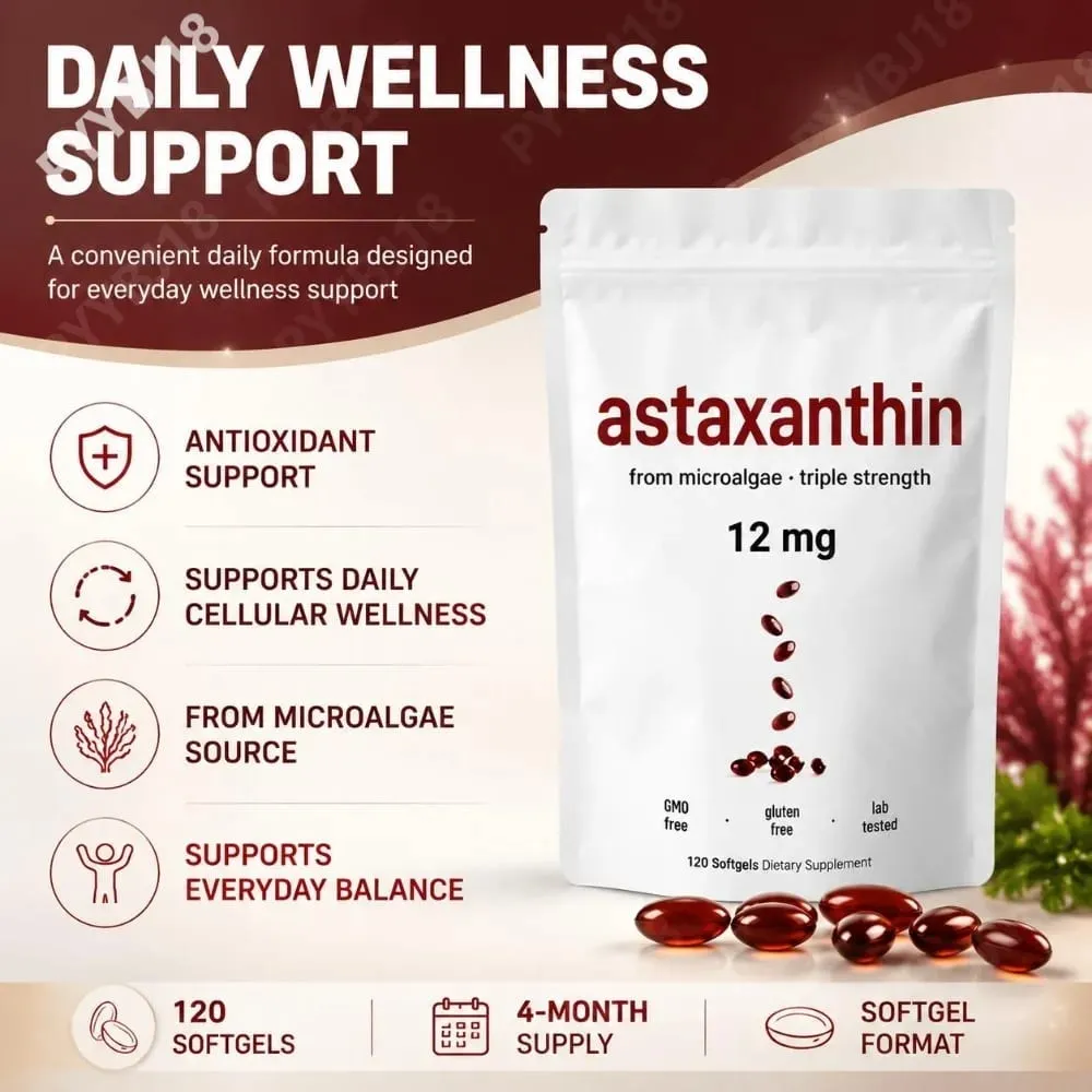 Astaxanthin 12mg Softgels from Microalgae Triple Strength Antioxidant Supplement Cellular Wellness & Everyday Balance 120 Count