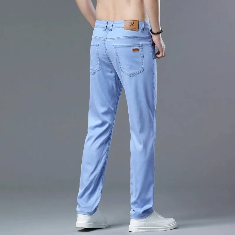 Lyocell Jeans Summer Ultra-Thin Elastic Straight Men's Denim Pants Fashion Korean Soft Drape Cool Business Casual Trousers — image 5