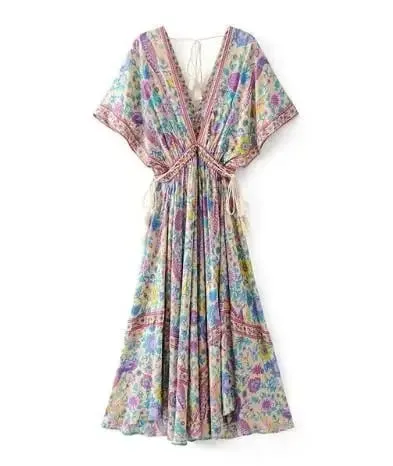 Đời Boho Hoàng Hậu Nữ Con Công In Hoa Tay Cánh Dơi Đi Biển Bohemia Đầm Maxi Nữ Cổ V Tua Rua Mùa Hè vestidos