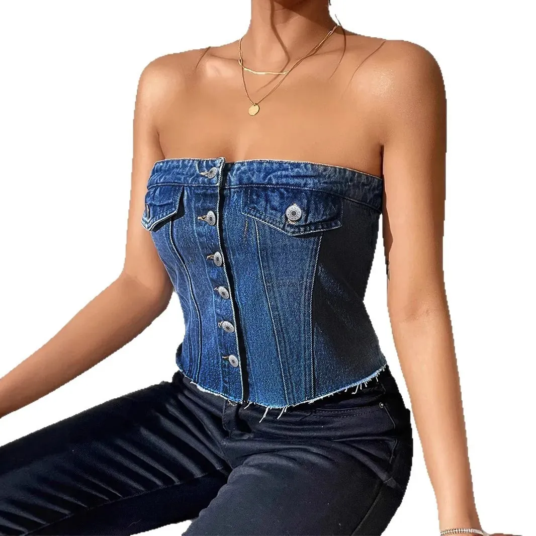 Denim Strapless Top Women Sleeveless Crop Tops Sexy Backless Single Breasted Washed Distressed Streetwear Y2k Camis Tanks Summer — image 5