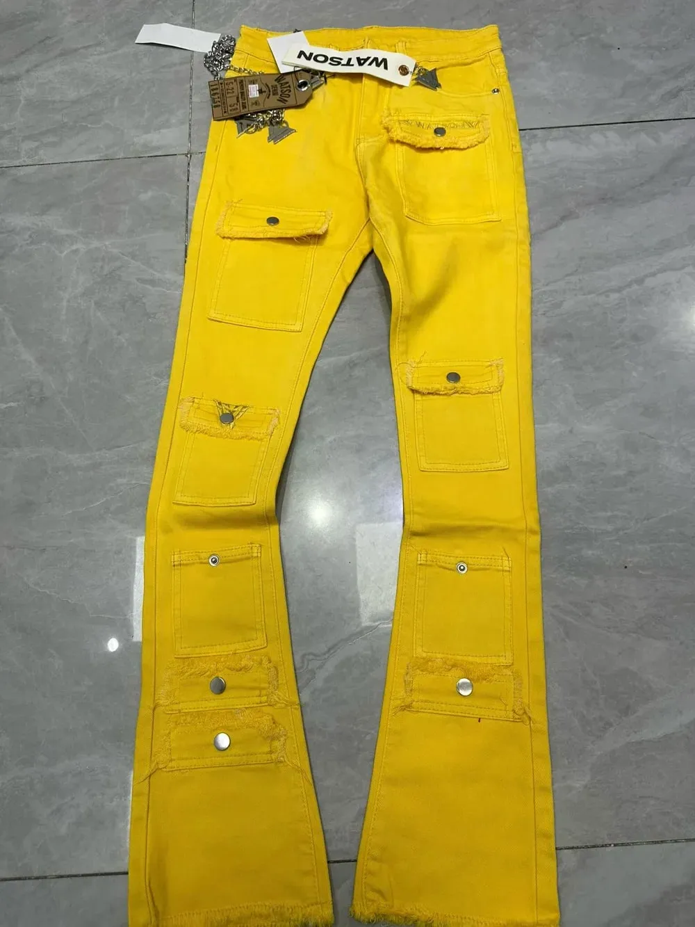 2026 Men's Multi-Pocket High Street Quality Slim Fit Skinny Long Denim Flared Men Yellow Red Pink Jeans Pants — image 5
