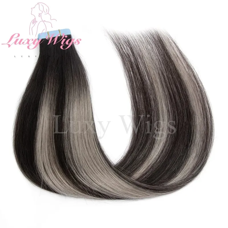 Highlights Gray Tape in Hair Extensions Human Hair Straight Black Blonde Seamless PU Skin Weft Tape In Hair Extensions 20PCS — image 13