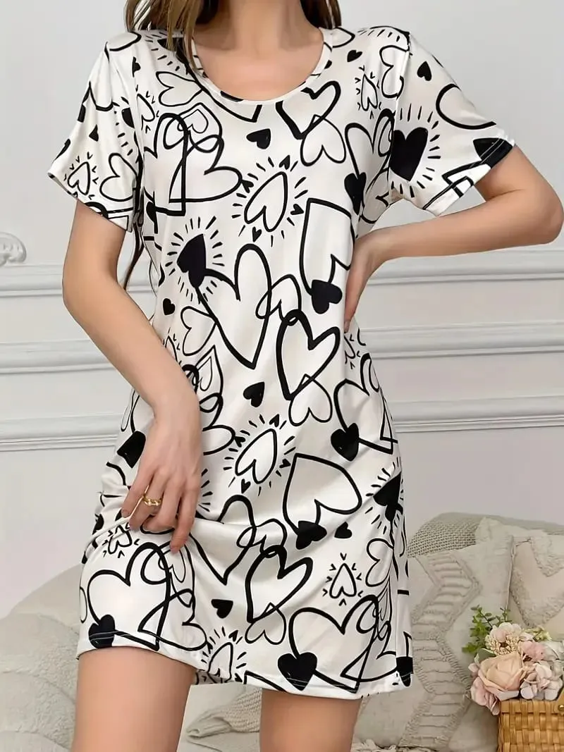 Women's Summer Casual Heart-Shaped Pattern Printed T-Shirt Dress - Suitable for Women's Daily Wear and Home Wear — image 3