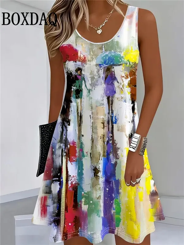 New 2026 Summer Dresses Women's Abstract Tie Dye 3D Print Dress Fashion Casual Sleeveless Beach Loose Short Dress Sundress Vest — image 5