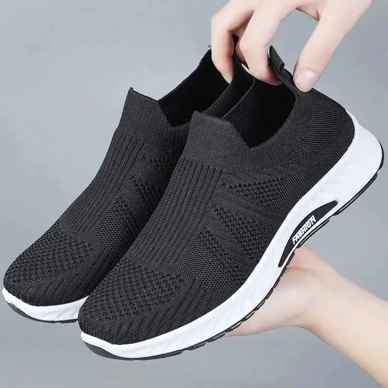 Men Breathable Knit Slip On Shoes Lightweight Cushioned Sole Round Toe Outdoor Elderly Walking Sneakers — image 3