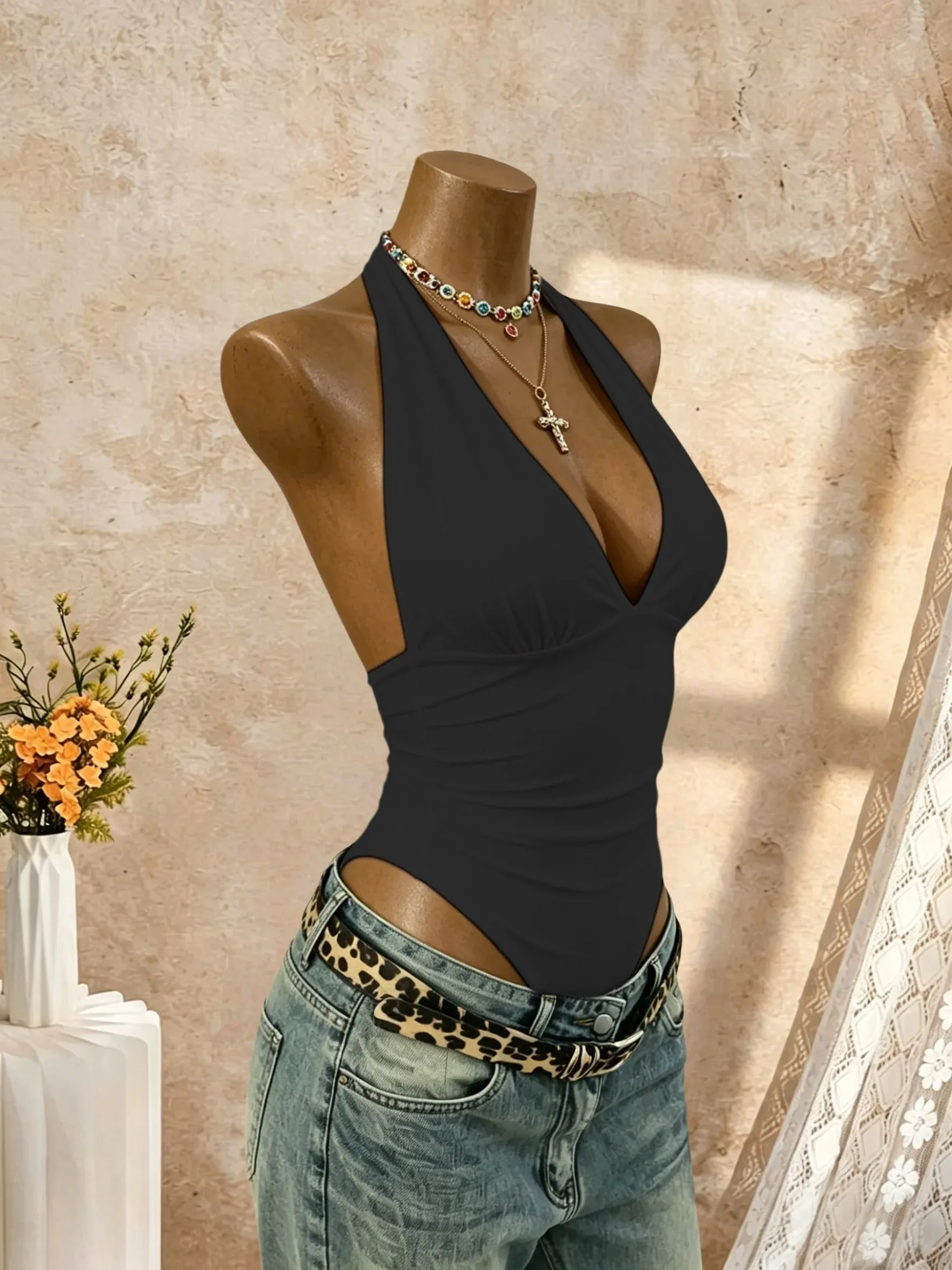 Women Halter Deep V Neck Bodysuit Solid Color Sleeveless Ruched Front Slim Fit Basic Jumpsuit Tank Top — image 5