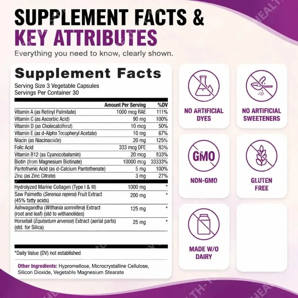 Hair Growth Accelerator Capsules with Biotin Saw Palmetto & Collagen for Thicker Fuller Hair Support Adults 90 Capsules — image 3