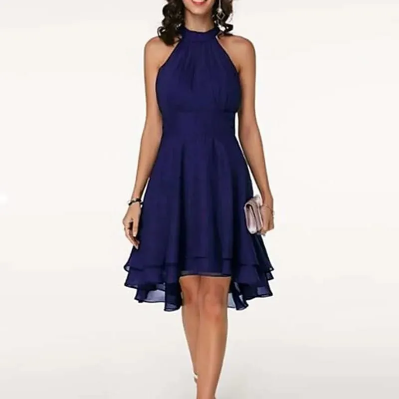 Pakaian Elegan Wanita Musim Panas Pepejal Pinggang Tinggi Halter Gaun Midi Tanpa Lengan Gaun Slim Pesta Chiffon Berlapis Lapis Wanita — image 13