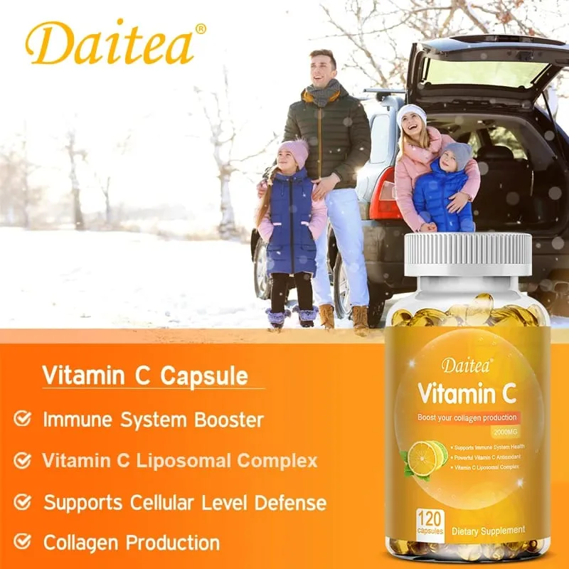 Vitamin C Capsules - 2000mg Promote Collagen Production Support Skin and Immune Health Powerful Antioxidant 120 Capsules
