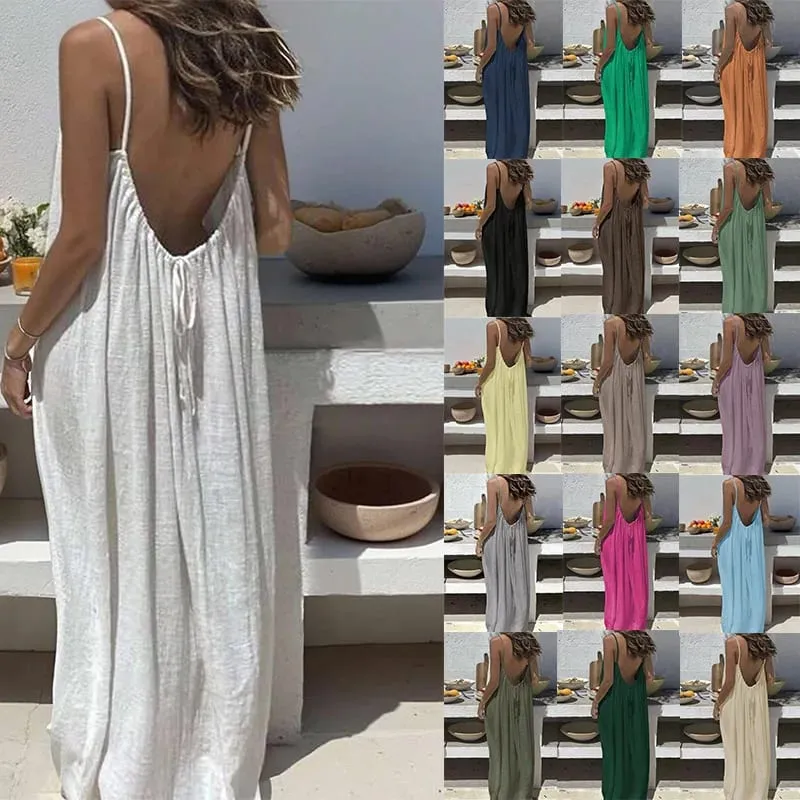 Women's Solid Color Backless Cami Dress Summer Sexy Loose Long Dress Casual Backless Lace-Up Robe Femme Party Dresses Home Wear — image 1