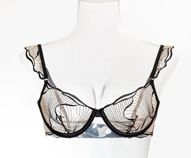 Ultra Thin French Floral Lace Bra Set Women Hollow Embroidery Minimizer Brassiere Soft Breathable Daily Lingerie 32-38ABC セクシーな