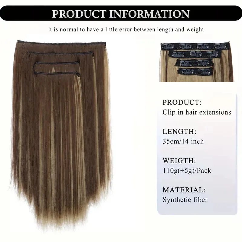 14Inch Synthetic Long Straight Hair Extension 4pcs/set Black Brown Blonde Adds Volume Hairpiece for Women — image 3