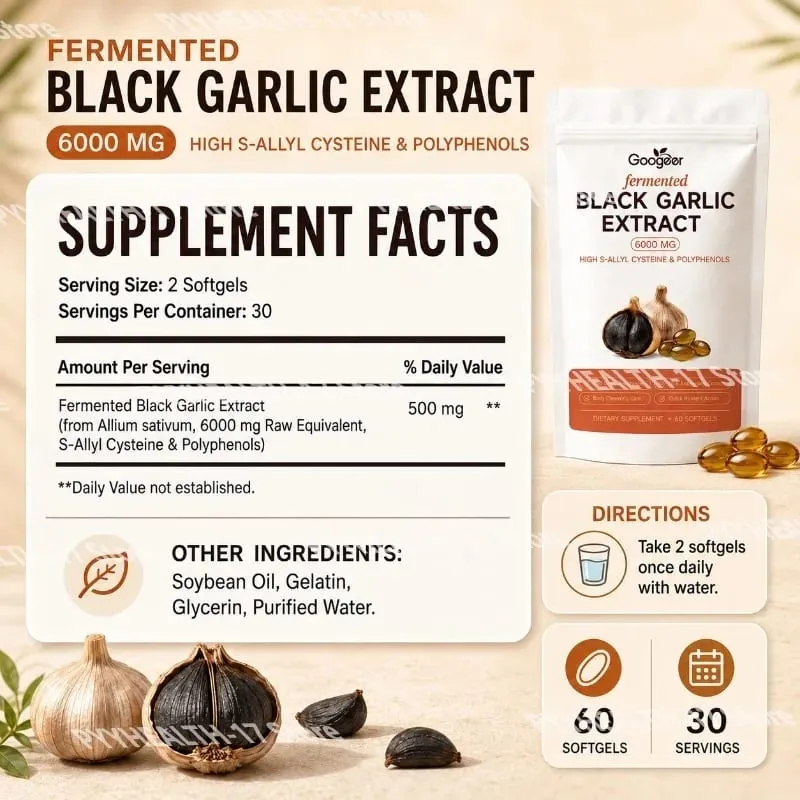 Googeer fermenterad svart vitlöksextrakt 6000MG Softgels Antioxidant Immunstöd S-Allyl Cystein Män Kvinnor 60 Softgels 60 dagar