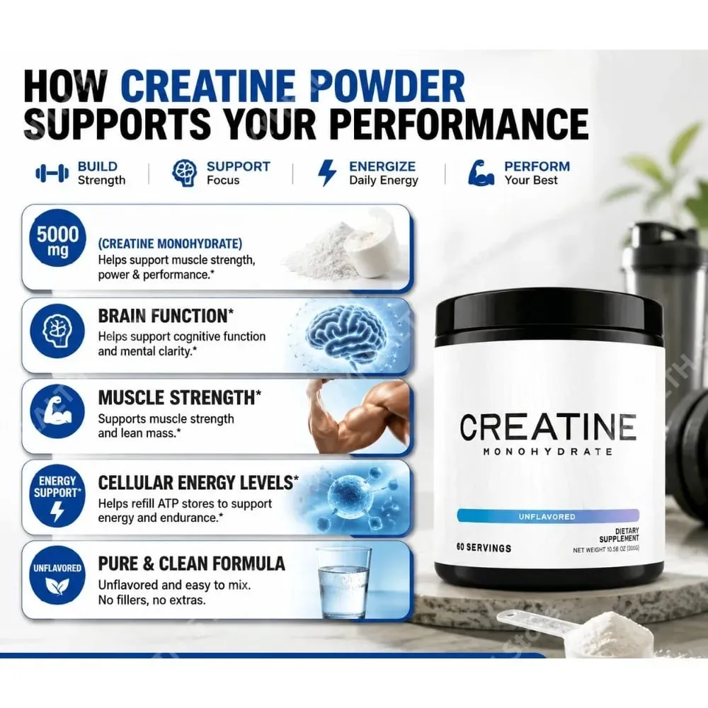 Creatine Monohydrate Powder 5000mg 60 Servings Unflavored Daily Fitness Support Supplement Vegan Gluten Free 300g — image 4