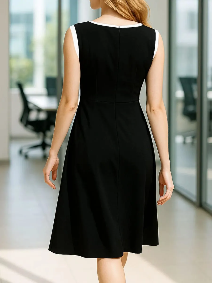 Womens Sleeveless Elegant Summer Work Office A-Line Black Tie Up Business Casual Party Slim Fit And Flare Swing Dress — image 3