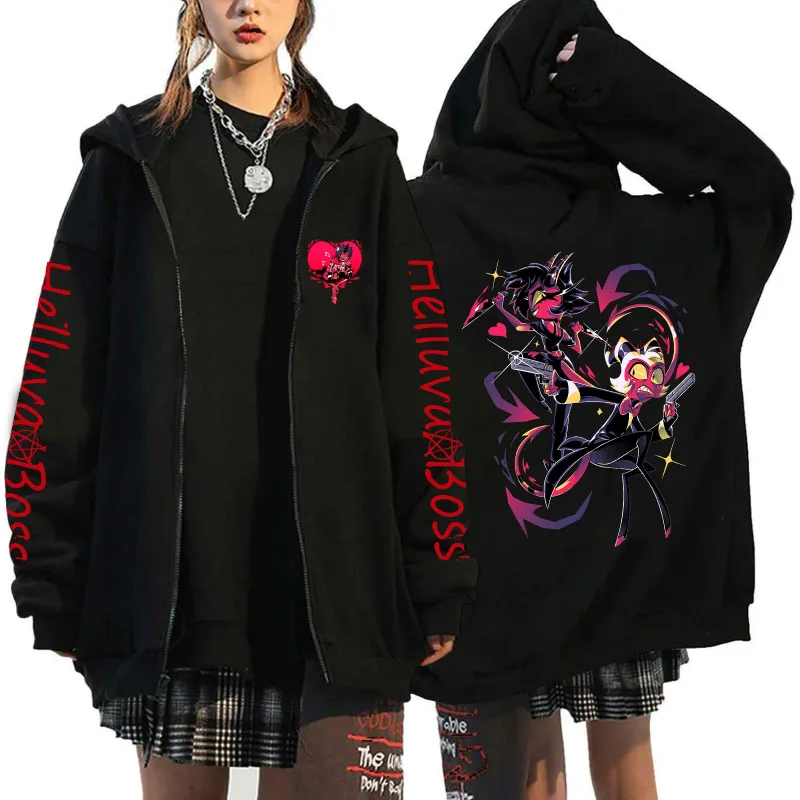 Helluva Boss Print Hooded Zipper Men Women Casual Fashion Fall Winter Warm Vintage Long Sleeve Tops Fleece Zip-Up Sweatshirts — image 11