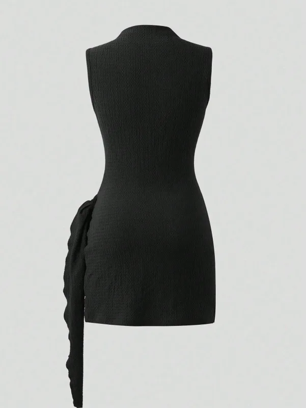 Women's Elegant Texture Fabric Pleating Waist Sice Ribbon Slim Fit Mini Dresses Casual Metal Buckle Solid Color Dress Summer — image 2
