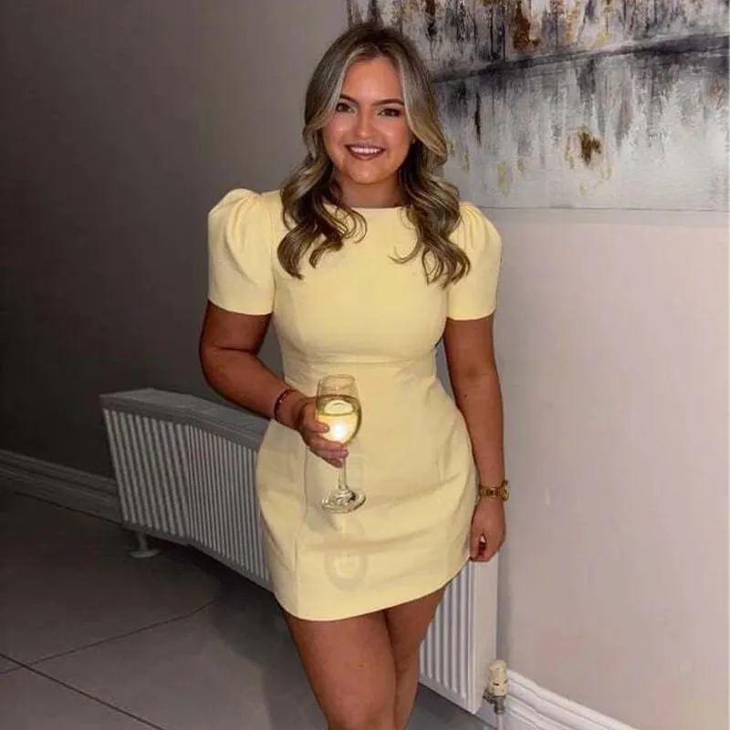 2026 Pleated Short Dresses for Women Yellow Holiday Women's Dresses Elegant Party Dresses Woman Short Sleeve Formal Dress — image 3